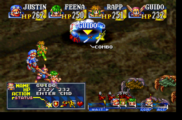 Grandia (PlayStation) screenshot: Many dungeon-like areas are just plain mountain paths or something like that. Enemies look a lot like bugs, too, and are small. Displaying the main command menu