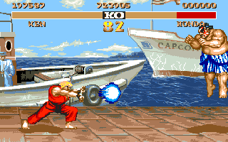 Street Fighter II (Amiga) screenshot: Kens and his projectile.