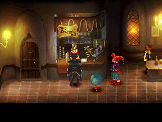 Chrono Cross (PlayStation) screenshot: A bar in Termina. Come for the drinks, stay for plot progression
