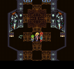 Final Fantasy Chronicles (PlayStation) screenshot: Chrono Trigger: Crono, Ayla, and Frog in one of the game's advanced dungeons. Save point is nearby