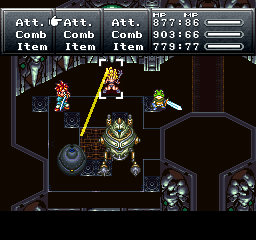 Final Fantasy Chronicles (PlayStation) screenshot: Chrono Trigger: Fighting some mean machines! Note the seamless backgrounds