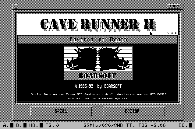 Cave Runner II: Caverns of Death (Atari ST) screenshot: Title screen (Monochrome Monitor)