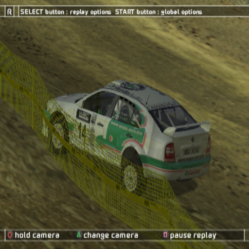 WRC II Extreme (PlayStation 2) screenshot: The post race action replay can be viewed from many camera angles