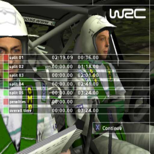 WRC II Extreme (PlayStation 2) screenshot: The end of run results. This run timed out which is why the figures don't make much sense. This is followed by an action replay