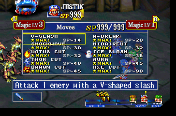 Grandia (PlayStation) screenshot: Opening the moves and magic menu during a battle