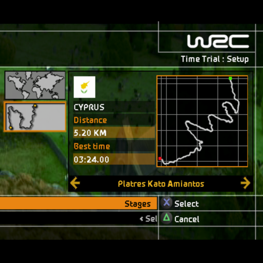 WRC II Extreme (PlayStation 2) screenshot: In the demo version there are only three circuits available. These are Cyprus, Italy and Monaco.