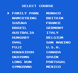 Family Circuit '91 (NES) screenshot: Course select