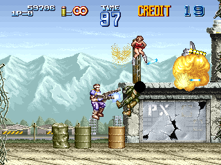 Gun Force II (Arcade) screenshot: Obstacle barrels