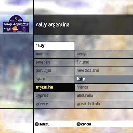 WRC World Rally Championship (PlayStation 2) screenshot: Rally's can be raced in all these countries. Within each country there can be multiple circuits, Demo version