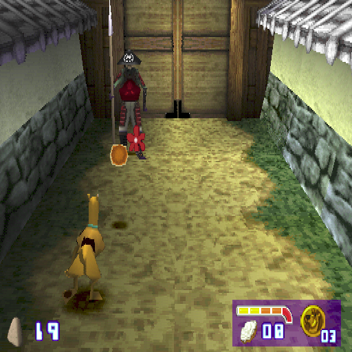 Scooby-Doo and the Cyber Chase (PlayStation) screenshot: Scooby defeats enemies by throwing pies at them so it is important to collect as many as possible. The red flower is how he aims, well can't have a real target reticule in a kids game can you?