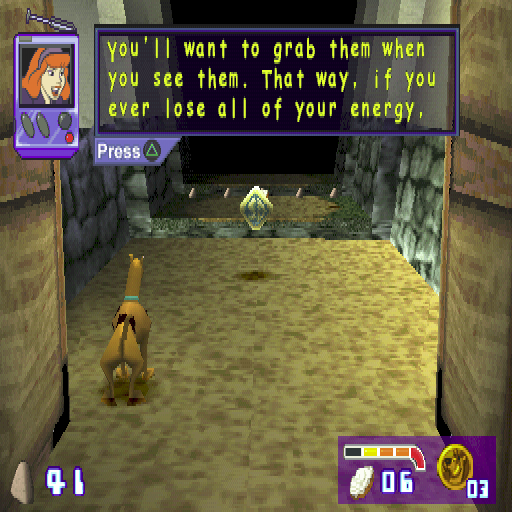 Scooby-Doo and the Cyber Chase (PlayStation) screenshot: The first level plays like a tutorial with lots of important but nevertheless annoying messages disrupting play. This is what a checkpoint looks like and it's just before a deadly river jump