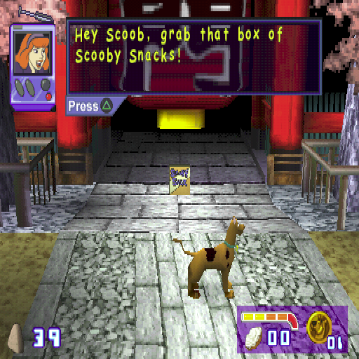 Scooby-Doo and the Cyber Chase (PlayStation) screenshot: This is the end of a level and it is denoted by a box of Scooby Snacks. When he gets the box Scooby does a little dance and returns to Velma