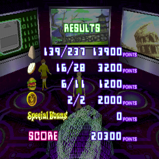 Scooby-Doo and the Cyber Chase (PlayStation) screenshot: Once back in the control room the player's score is revealed. High scores depend on eating everything. No scores for speed or killing any enemies at all.