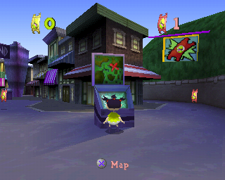 Rugrats in Paris: The Movie (PlayStation) screenshot: The start of the game. The objective is to collect the red tickets, use them to buy stuff, use the stuff to complete mini games and win gold tickets.