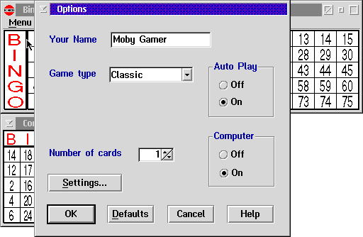 OS/2 PM Bingo (OS/2) screenshot: Several gameplay options may be configured.