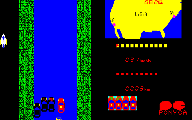 The Cannonball Run II (Sharp X1) screenshot: The starting line is crowded