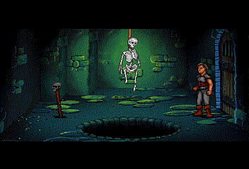 Beyond Shadowgate (TurboGrafx CD) screenshot: Should I pull the lever or drop down the pit?