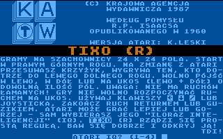 Nim 2 / Tixo (Atari 8-bit) screenshot: Tixo title screen and game instructions