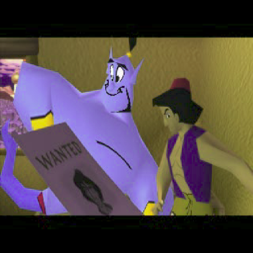 Disney's Aladdin in Nasira's Revenge (PlayStation) screenshot: The game begins with another short animation in which Aladdin awakes to find he is a wanted man and that the city's new ruler is Nasira