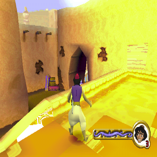 Disney's Aladdin in Nasira's Revenge (PlayStation) screenshot: The genie gets Aladdin away from the guards sent to capture him. The action starts on this rooftop