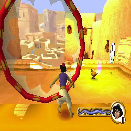 Disney's Aladdin in Nasira's Revenge (PlayStation) screenshot: The big hoop thing is a checkpoint and the silver token is an important genie token that's used to grant wishes at the end of the level