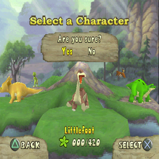 The Land Before Time: Big Water Adventure (PlayStation) screenshot: The character selection screen. The left/right controls rotate the camera to show a different character