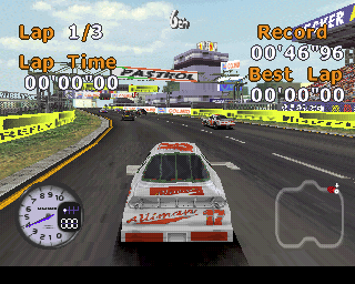 Stock Car Racer (PlayStation) screenshot: The race begins and the other cars tear off into the distance. Everything is a bit blocky and low res when examined like this but in-game when everything is moving quickly it's not so bad