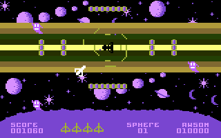 Strato Sphere (Atari 8-bit) screenshot: Damaging mothership shields