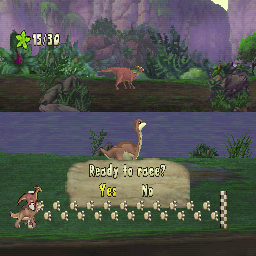 The Land Before Time: Big Water Adventure (PlayStation) screenshot: The third level is a challenge. The player must complete this course faster than their friend on the opposite bank