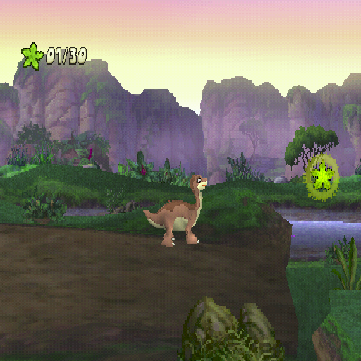 The Land Before Time: Big Water Adventure (PlayStation) screenshot: The start of the first level. There is no difficulty setting, no time limit, no set number of lives. Just run & jump and get to the end collecting those tree stars along the way