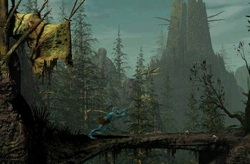 Oddworld: Abe's Oddysee (PlayStation) screenshot: Emerging in Paramonia - one of the game's biggest areas. Nice weather, birds are singing...