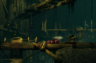 Oddworld: Abe's Oddysee (PlayStation) screenshot: Abe has jumped through the well, possessed the Slig from the background, and I killed the Slog controlling the Slig. Just a regular day in Oddworld