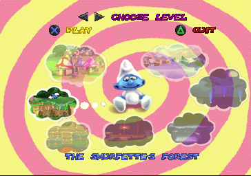 The Smurfs (PlayStation) screenshot: So once the baby has arrived daddy smurf runs off to smurf him some food. These seven short levels play as a kind of tutorial