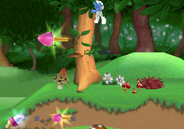 The Smurfs (PlayStation) screenshot: Daddy Smurf can jump but bouncing on a mushroom gives much more height