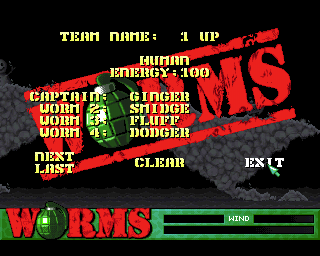 Worms (PlayStation) screenshot: The team selection screen. In a single player match the player selects both teams