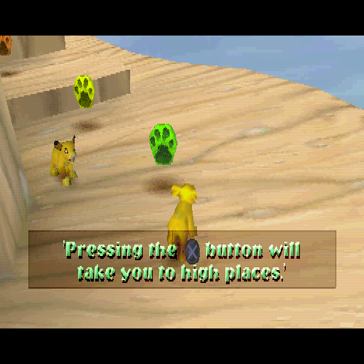 Disney's The Lion King: Simba's Mighty Adventure (PlayStation) screenshot: As Simba climbs to the top of Pride Rock he meets friends who tell him how to play the game