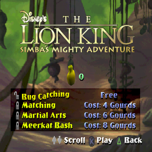 Disney's The Lion King: Simba's Mighty Adventure (PlayStation) screenshot: There are mini games that can be played at Rafiki's house. These too have to be unlocked by the player