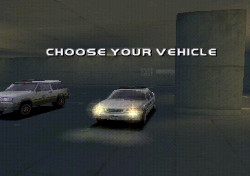 World's Scariest Police Chases (PlayStation) screenshot: The Free Patrol mode starts in the garage. There are half a dozen vehicles here but only the police cruiser and an unmarked estate car are available