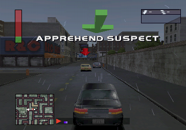 World's Scariest Police Chases (PlayStation) screenshot: A second suspect has been spotted on the street. The red & green bar in the top left is a damage indicator