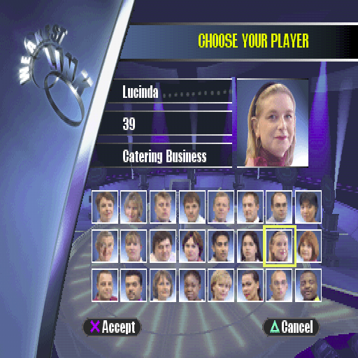 Weakest Link (PlayStation) screenshot: In this game the player does not enter their name. They pick a player from this list. Each player says a bit about themselves. Lucinda is 39 and runs a catering business in Kensington (London UK).