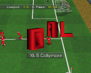 Soccer '97 (PlayStation) screenshot: Whenever a goal is scored the letters of the word GOAL appear on screen, spinning. They are always red or blue which are the colours the teams play in