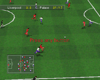 Soccer '97 (PlayStation) screenshot: This is a Demo Mode game. Pressing any button, as the game is prompting the player to do, will abort the game