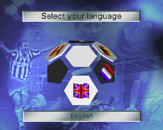 Soccer '97 (PlayStation) screenshot: This is the game's language selection screen. It's based on the panels of a football and the game uses the same menu structure throughout.