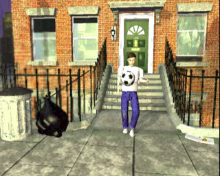 Soccer '97 (PlayStation) screenshot: The game starts with an animated sequence that shows a kid playing with a ball in the street, practicing his skills. This cuts to a grown up man doing the same thing on the pitch. Dreams realised.
