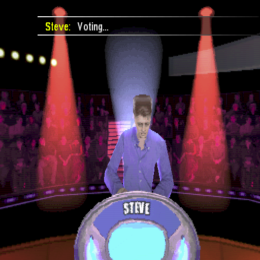 Weakest Link (PlayStation) screenshot: As in the game, at the end of the round each player votes for the weakest link. The AI players cast their votes like this, the human player has a different button for each remaining player