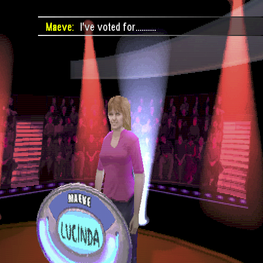 Weakest Link (PlayStation) screenshot: Maeve the barmaid from Truro. She cannot vote for me, it's my game!