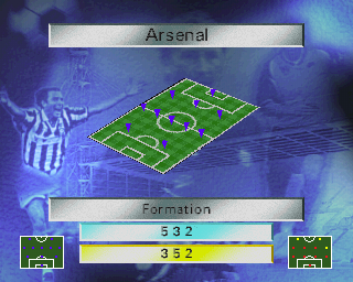 Soccer '97 (PlayStation) screenshot: Prior to a match the player can tweak their team's strategy by choosing an attacking or a defensive performance. The same option is available during a match too.