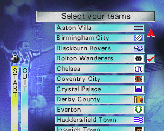 Soccer '97 (PlayStation) screenshot: This is the team selection screen for an exhibition match, Arsenal has already been selected. The same format is used for League and Arcade modes but in the League mode only one team can be selected