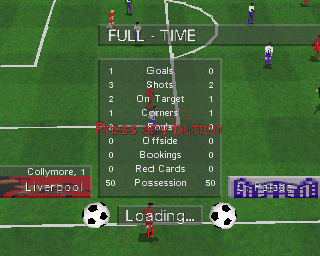 Soccer '97 (PlayStation) screenshot: The full time match stats. These are for a demo game but the same format is used for all game modes.