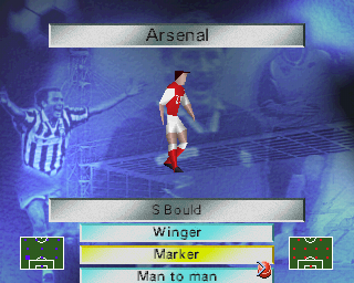 Soccer '97 (PlayStation) screenshot: Prior to a match the player can tweak their team's strategy by assigning roles to players. The same option is available during a match too.